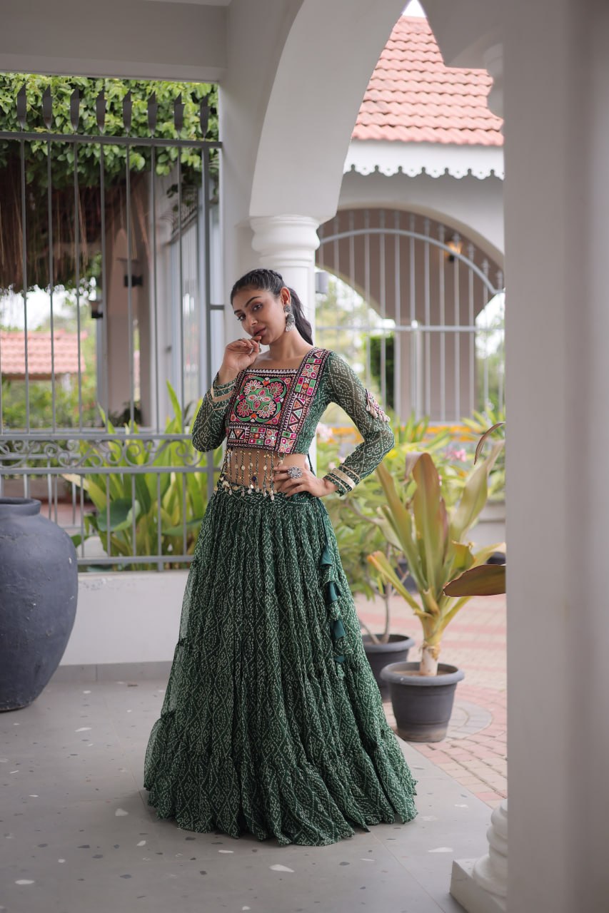 Anjali Green Faux Georgette Bandhani Kutchi Patchework Lehenga