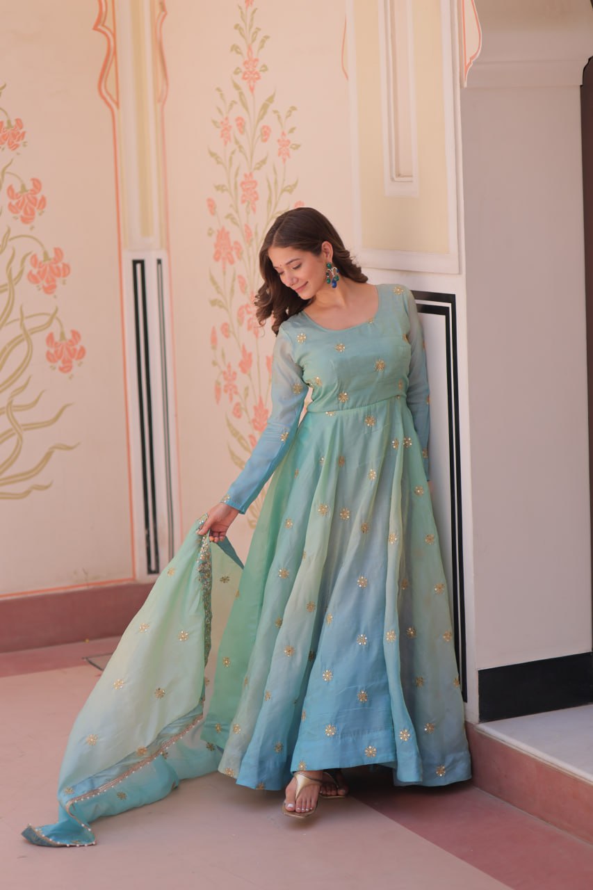 Sky blue organza flair sequins zari embroidery gown with dupatta