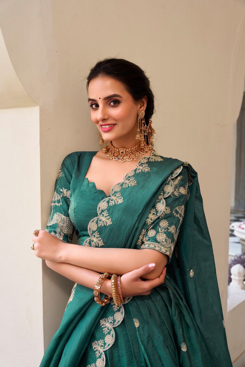 Teal green gold crush sequins thread embroidery work lehenga choli