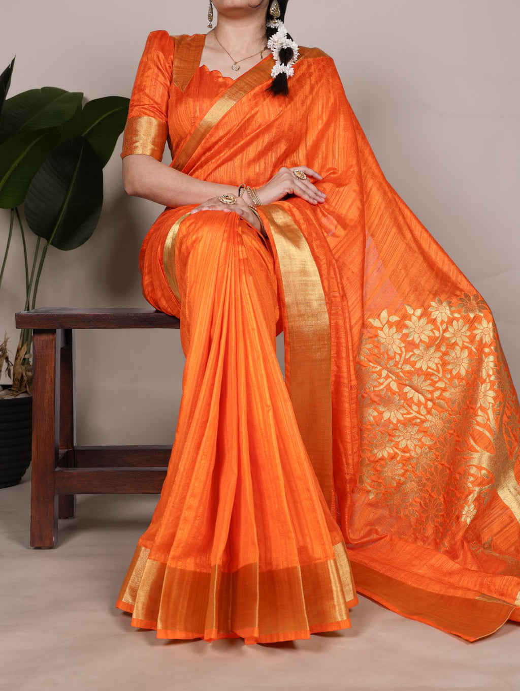 Orange Color Raw Silk Zari Weaving Saree with Unstitched Blouse