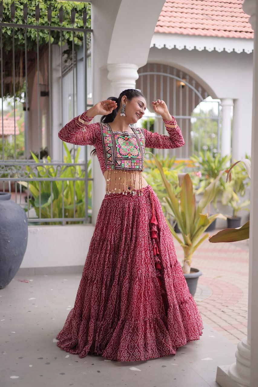 Anjali Brown Faux Georgette Bandhani Kutchi Patchework Lehenga