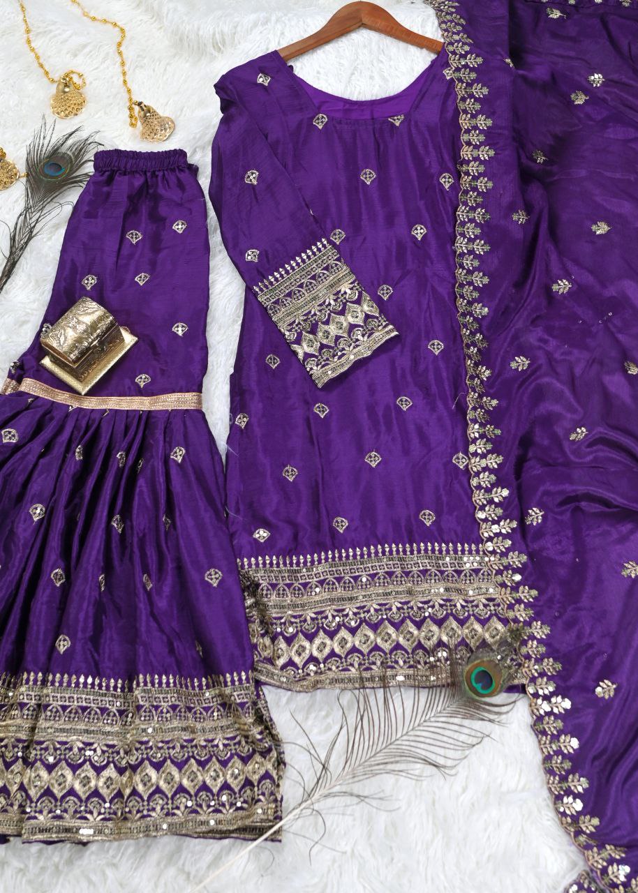 Svara Purple Chinon Embroidered Kurti Sharara Set
