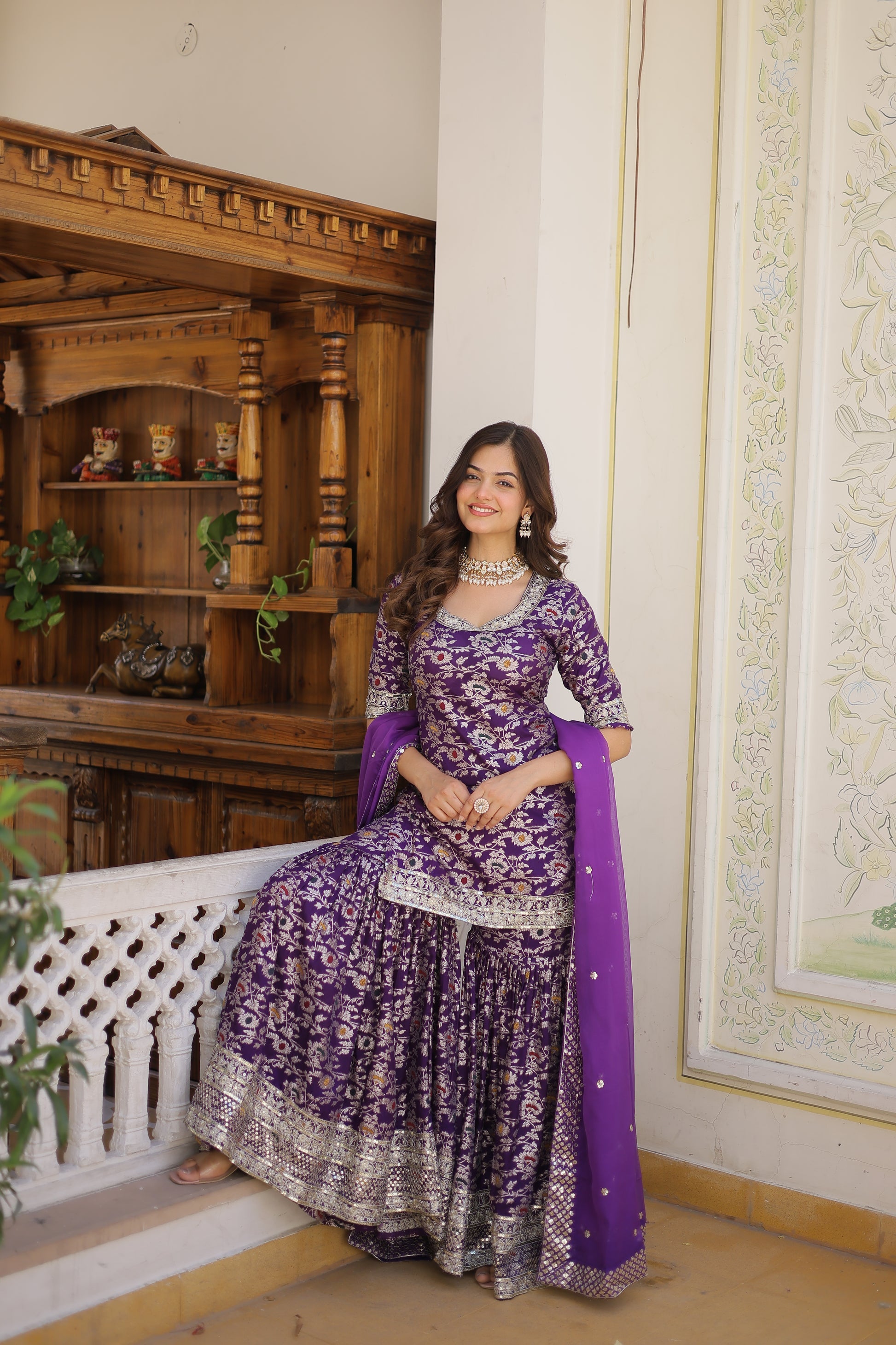 Krishnapriya Wine Viscose Embroidered Kurti Gharara Set