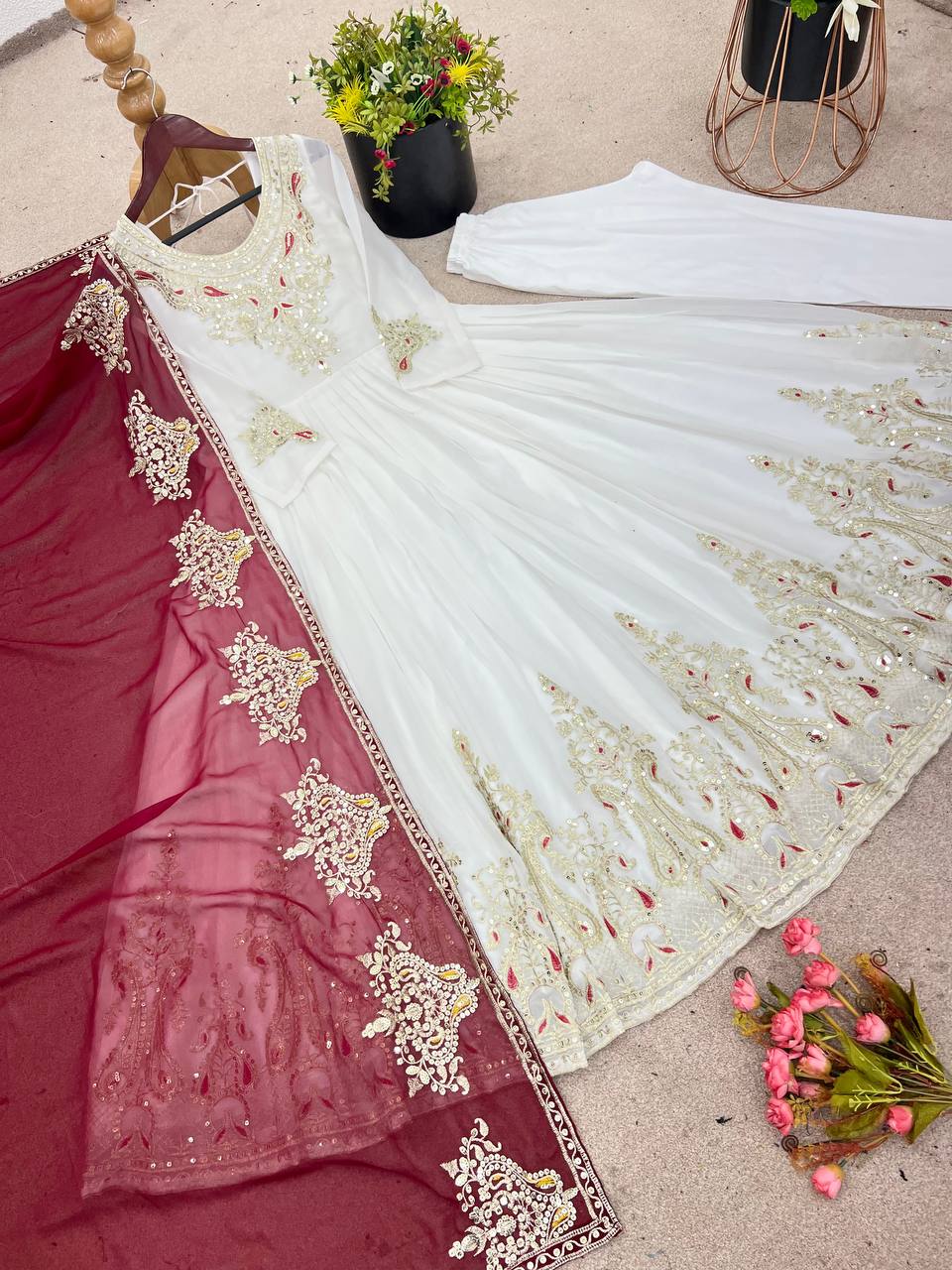 Tejvini White Georgette Embroidered Gown with Dupatta