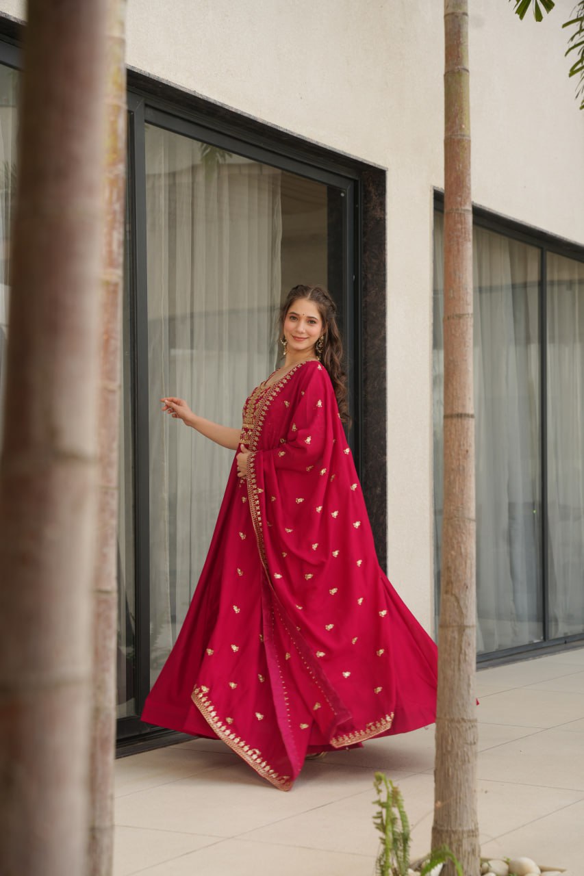 Aadishri Pink Vichitra Silk Gown with multi-sequins and zari embroidery – perfect Indian ethnic wear for weddings, party wear dresses for women, designer gown for women, traditional Indian dress, Indian clothing for women, ethnic wear for girls, gown for wedding function, Indian dress online shopping, full sleeve gown for women, festive wear for ladies.