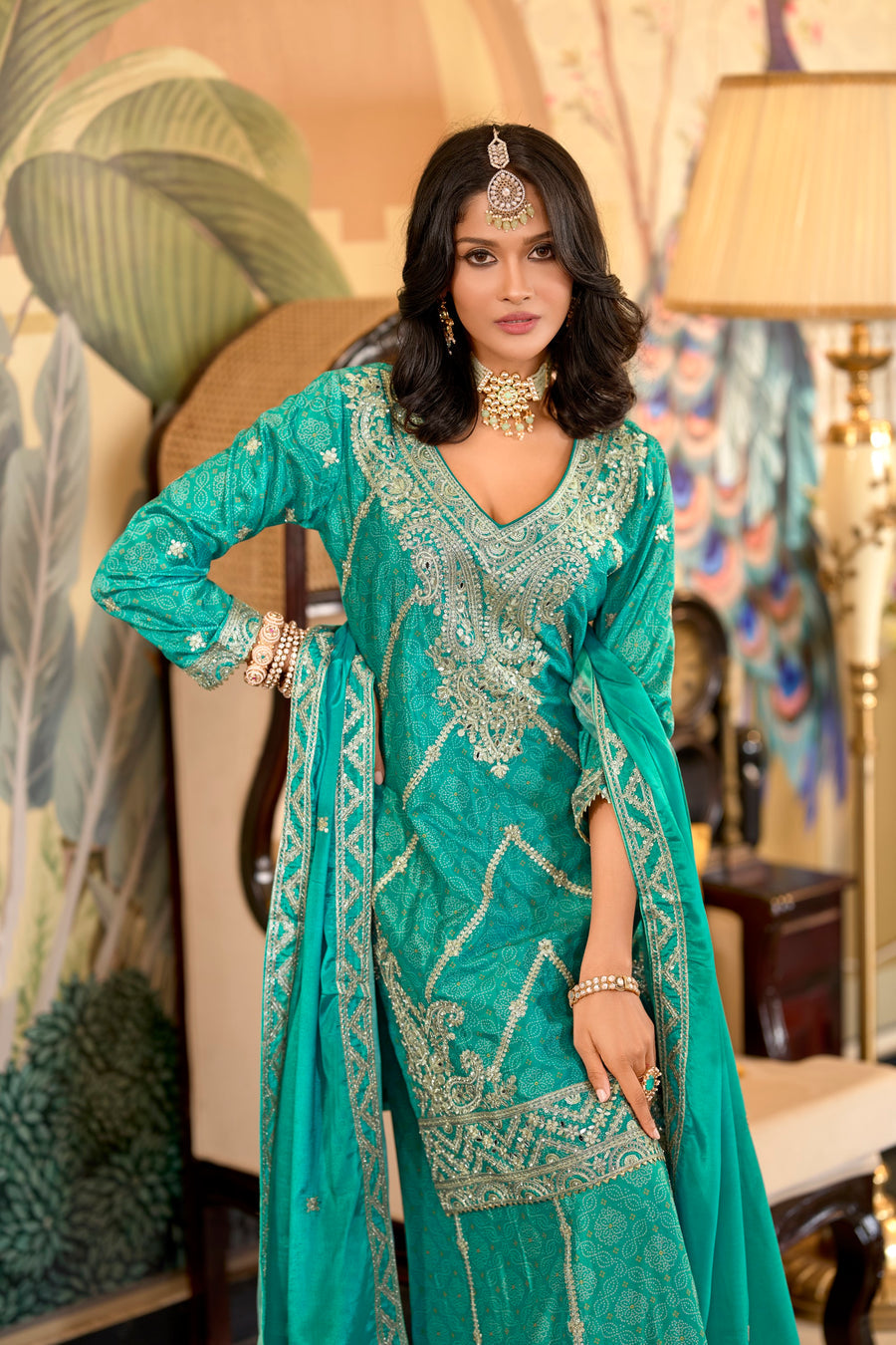 Meera Chinon Silk Embroidered Designer Kurti Sharara Set