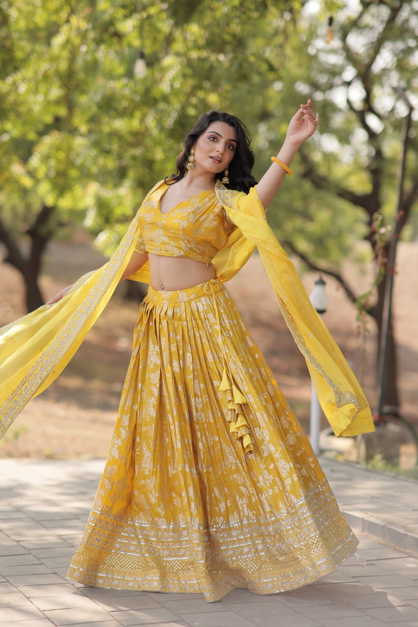 Pranshi yellow viscose jacquard lehenga choli set