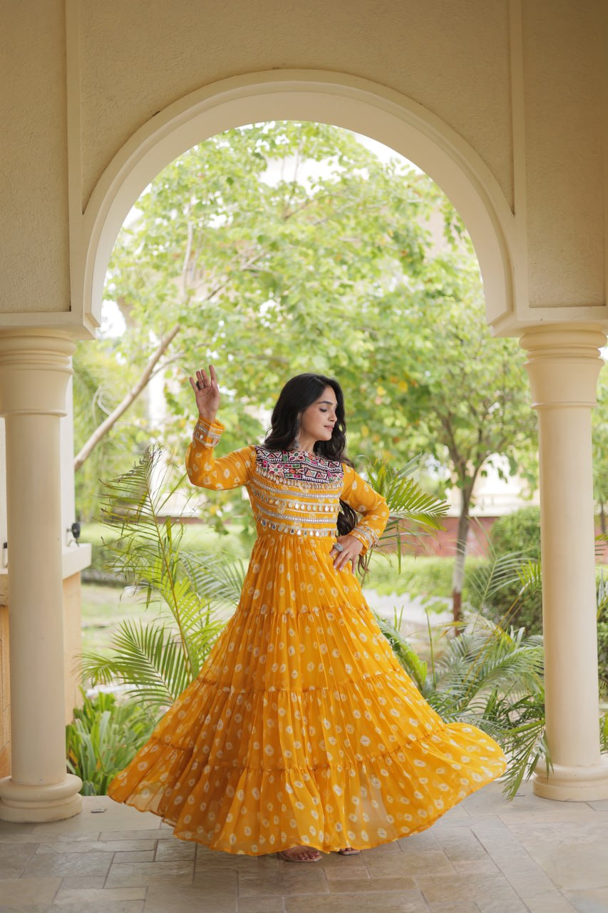 Lavanya Yellow Faux Georgette Bandhani Kutchi Patchwork Gown