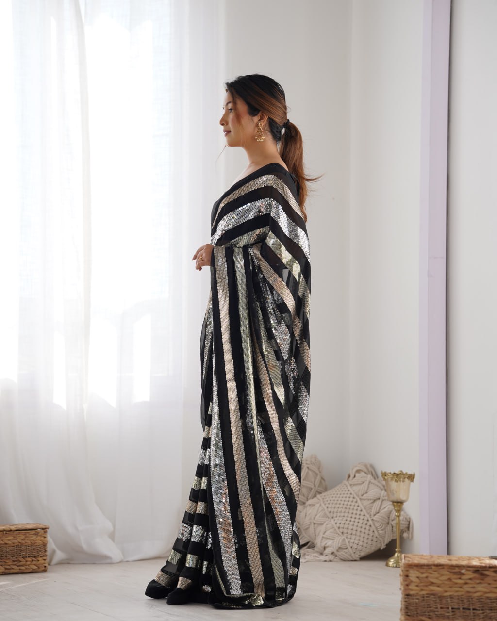 Kira Black Sequin Embroidery Georgette Saree