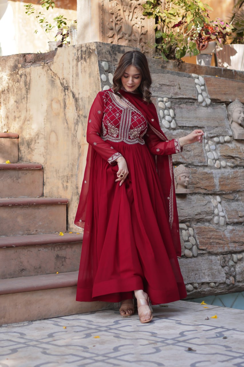 Chamvika Maroon Embroidered Gown Set with Dupatta – long gown for women, party wear gown for wedding, Indian gown for women, maroon gown for engagement, full sleeve ethnic gown, designer gown with dupatta, sequin gown for festival, traditional wear for women, Indo western gown online, stylish Indian dress for sangeet function, ready-to-wear ethnic gown for women.