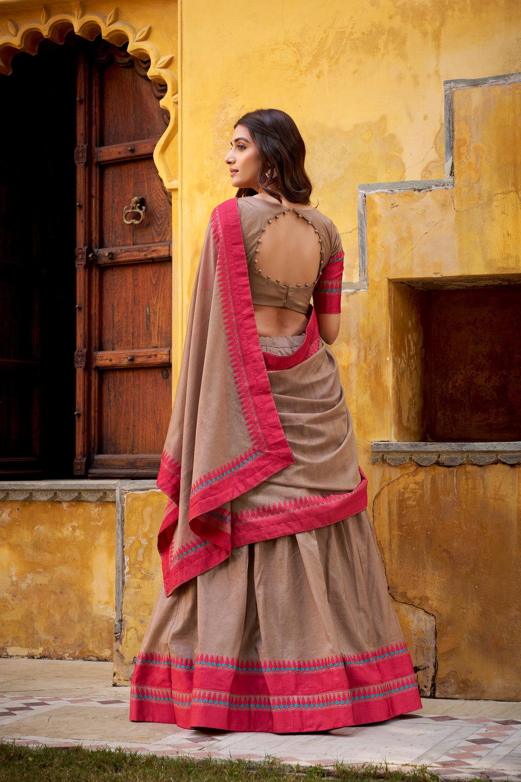 Swastika light brown pure Chanderi thread work half saree lehenga