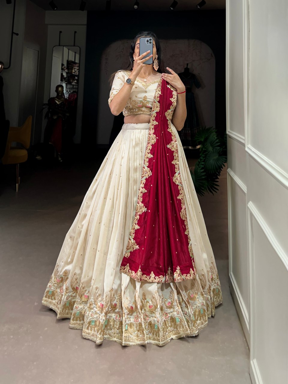 Sharanya off-white Vichitra silk embroidered lehenga choli set