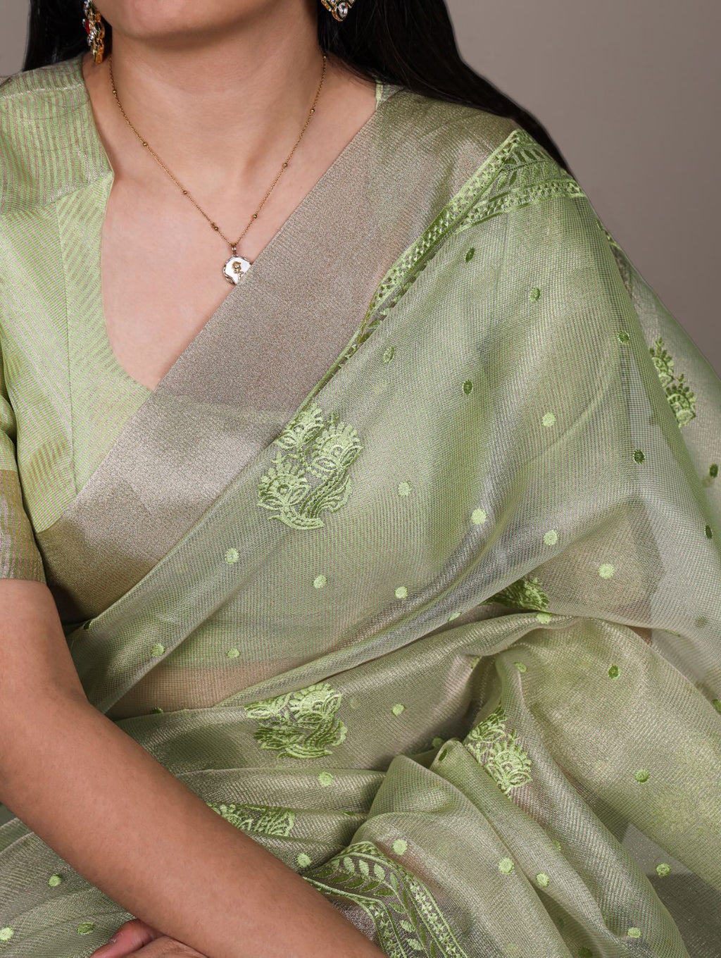 Pista Green Color Poly Shimmer Thread Embroidered Saree with Unstitched Blouse