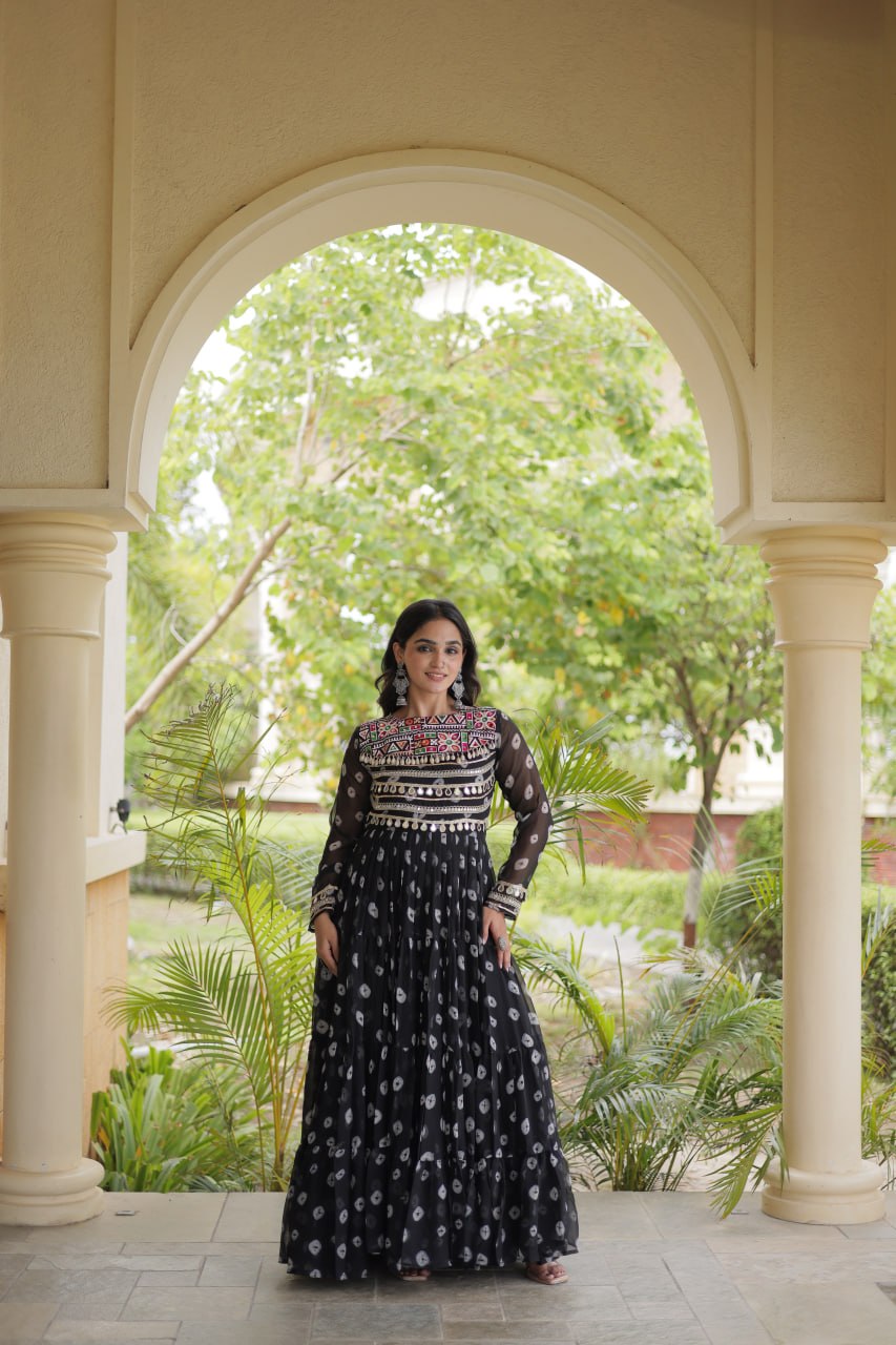 Lavanya Black Faux Georgette Bandhani Kutchi Patchwork Gown