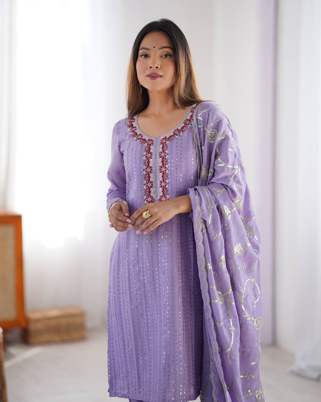 Purple Chinon silk kurti set with sequin thread work, a fully stitched kurti set online with 3XL margin—perfect festive wear for women by Trinaari.