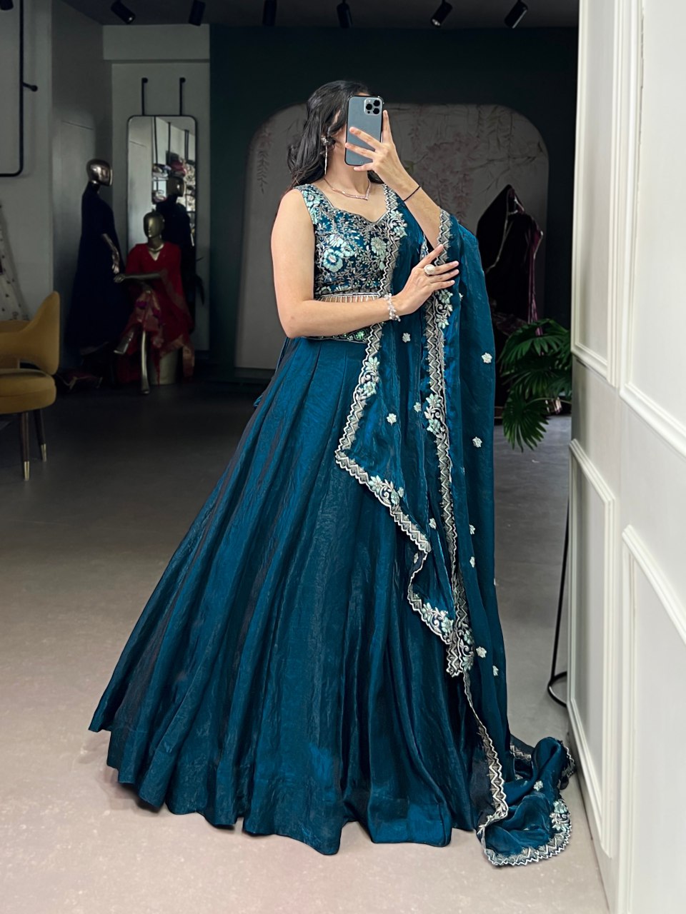 Teal blue fendi silk lehenga choli with embroidery sequins thread work and dupatta