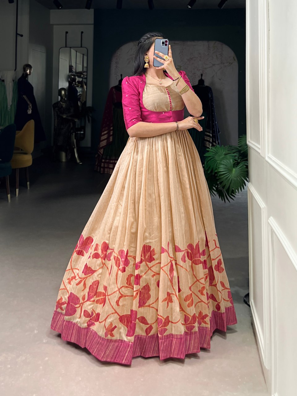 Beige Silk Printed Gown with Embroidered Banglory Koti