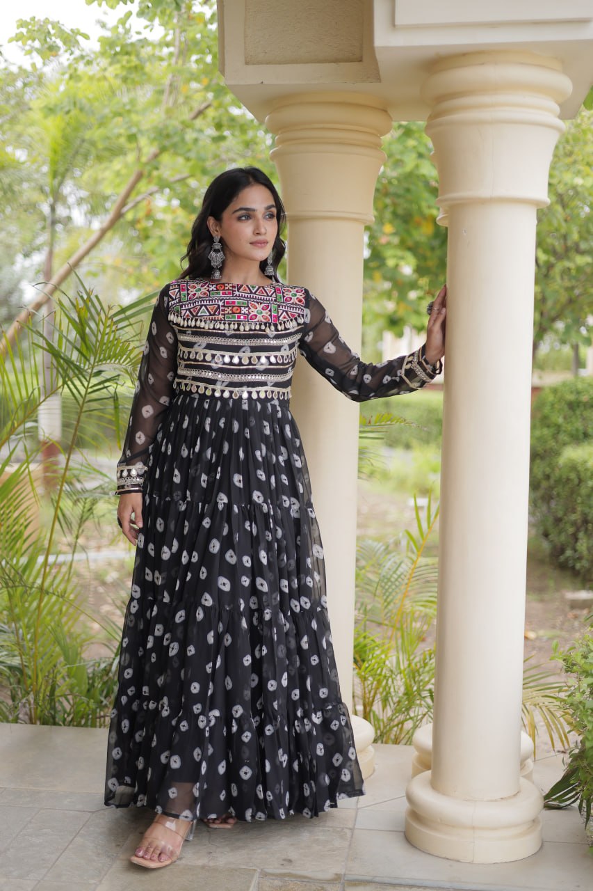 Lavanya Black Faux Georgette Bandhani Kutchi Patchwork Gown