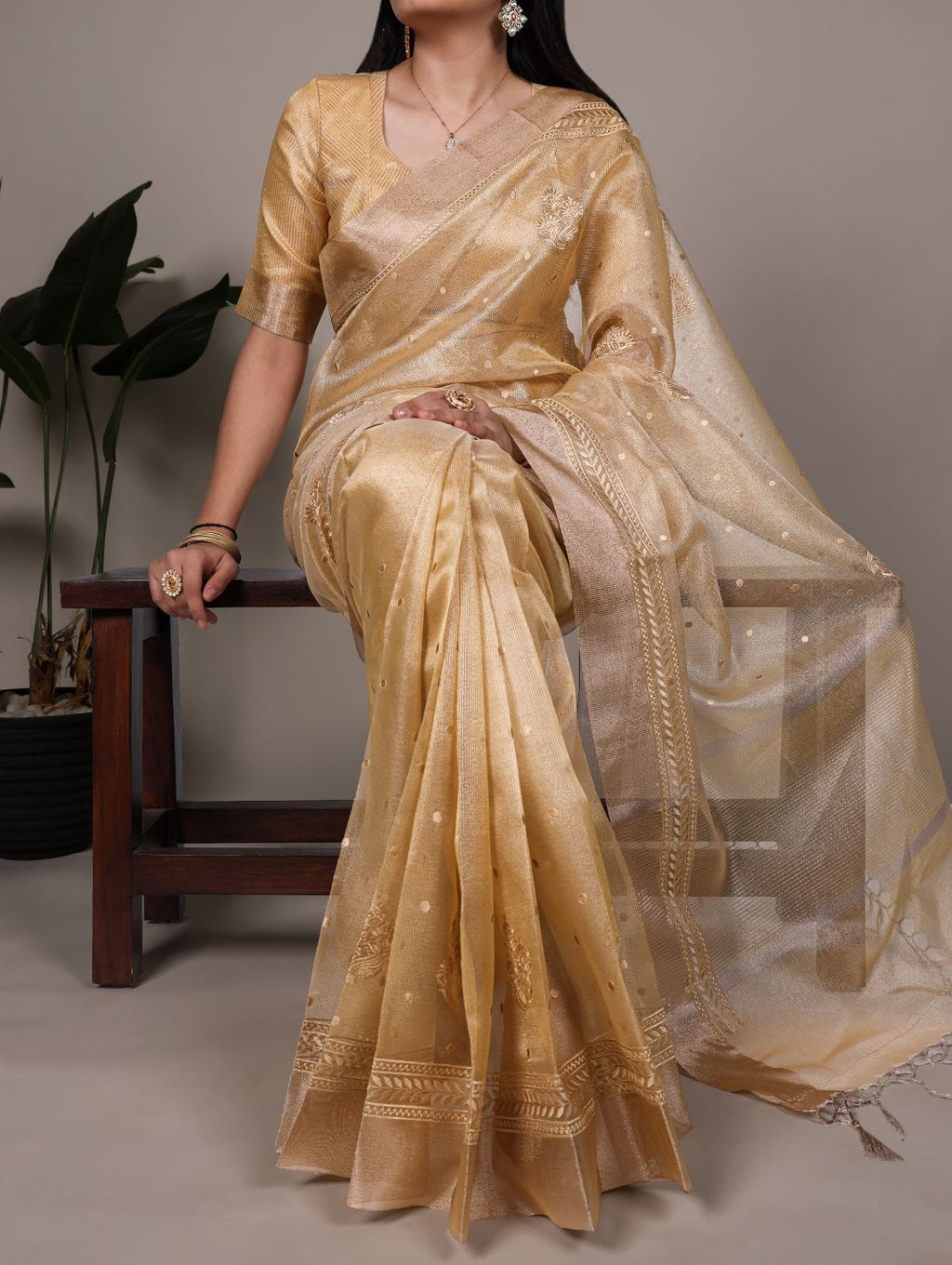 Yellow Color Poly Shimmer Thread Embroidered Saree with Unstitched Blouse