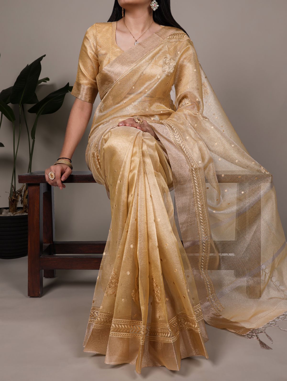 Yellow Color Poly Shimmer Thread Embroidered Saree with Unstitched Blouse