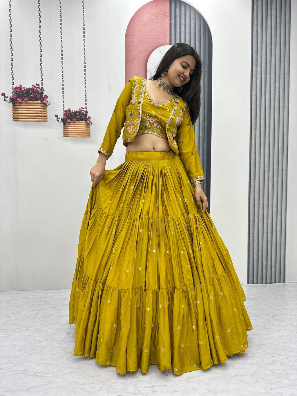 Mustard yellow chinon embroidered crop top lehenga with designer jacket