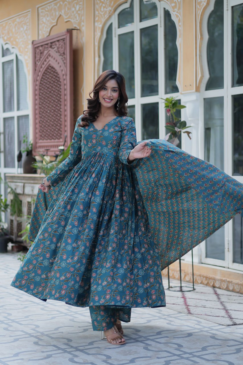 Blue pure cotton Anarkali suit set for women with soft dupatta, lightweight ethnic outfit featuring traditional block prints, flared kurta with matching pants, ideal for summer functions, daily Indian wear, office outfits, and casual ethnic fashion in breathable cotton fabric.