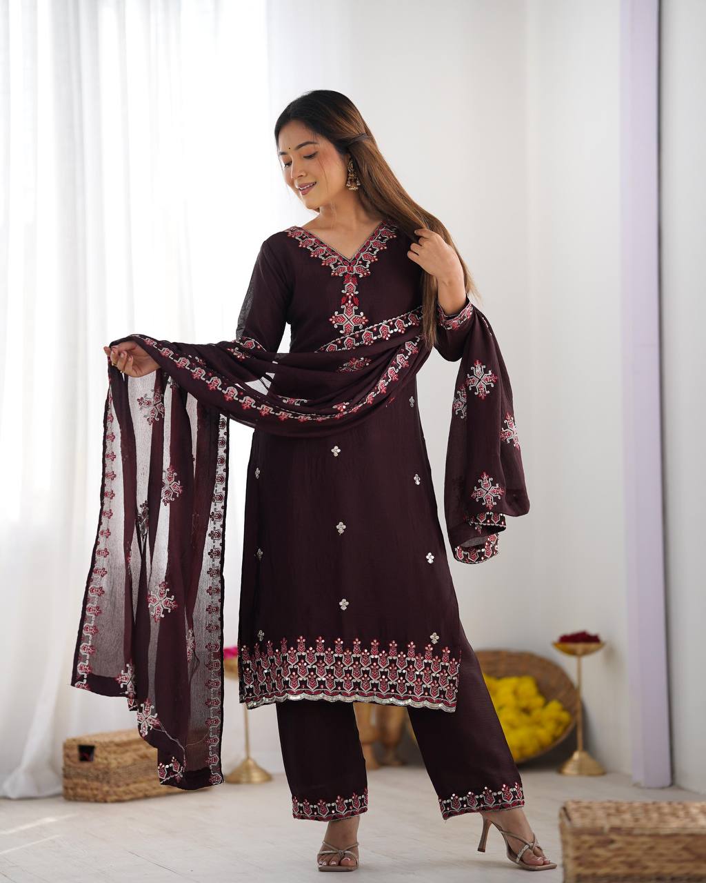 Anvitha Brown Chinon Silk Kurti Set with 5mm sequin embroidery, lace detailing & dupatta – festive ethnic wear for women.