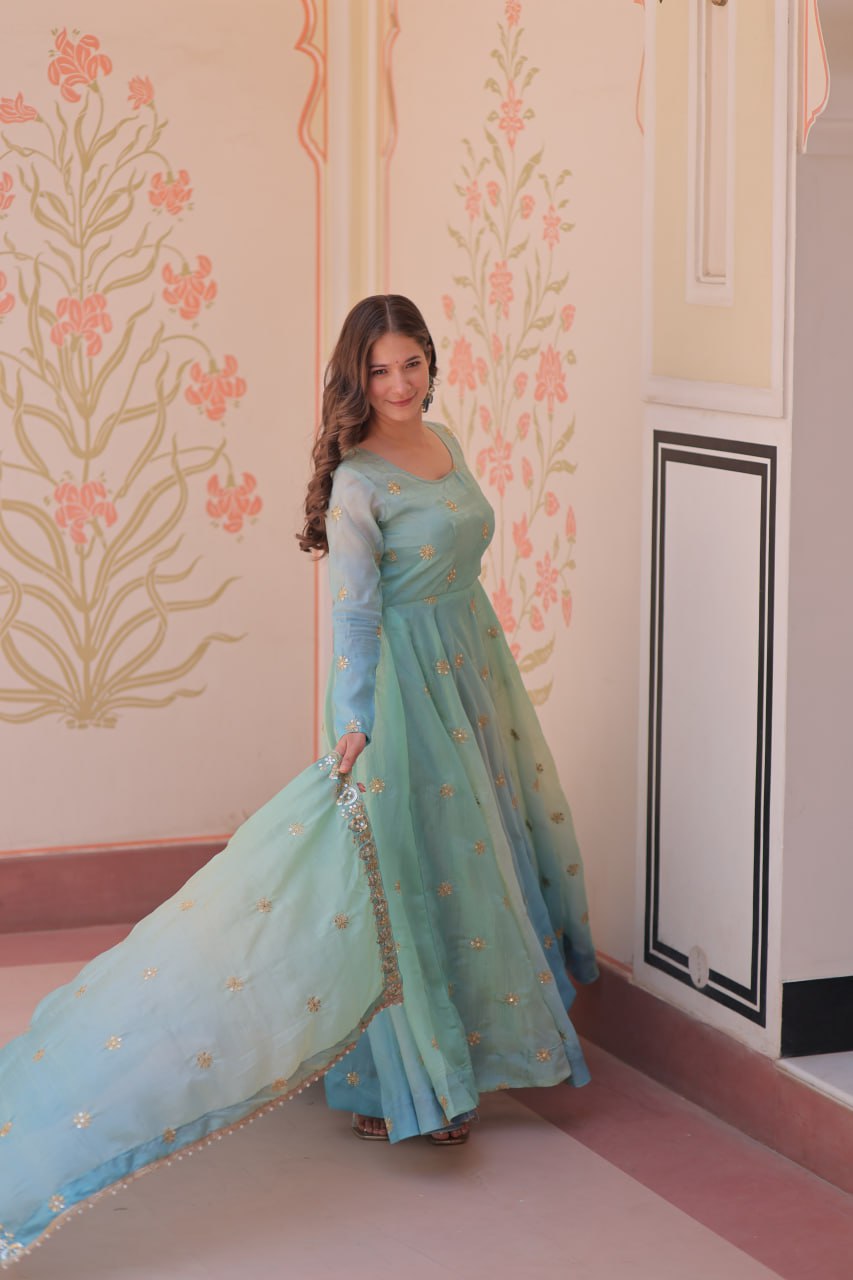 Sky blue organza flair sequins zari embroidery gown with dupatta