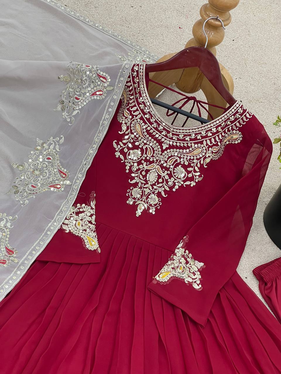 Tejvini Maroon Georgette Embroidered Gown with Dupatta