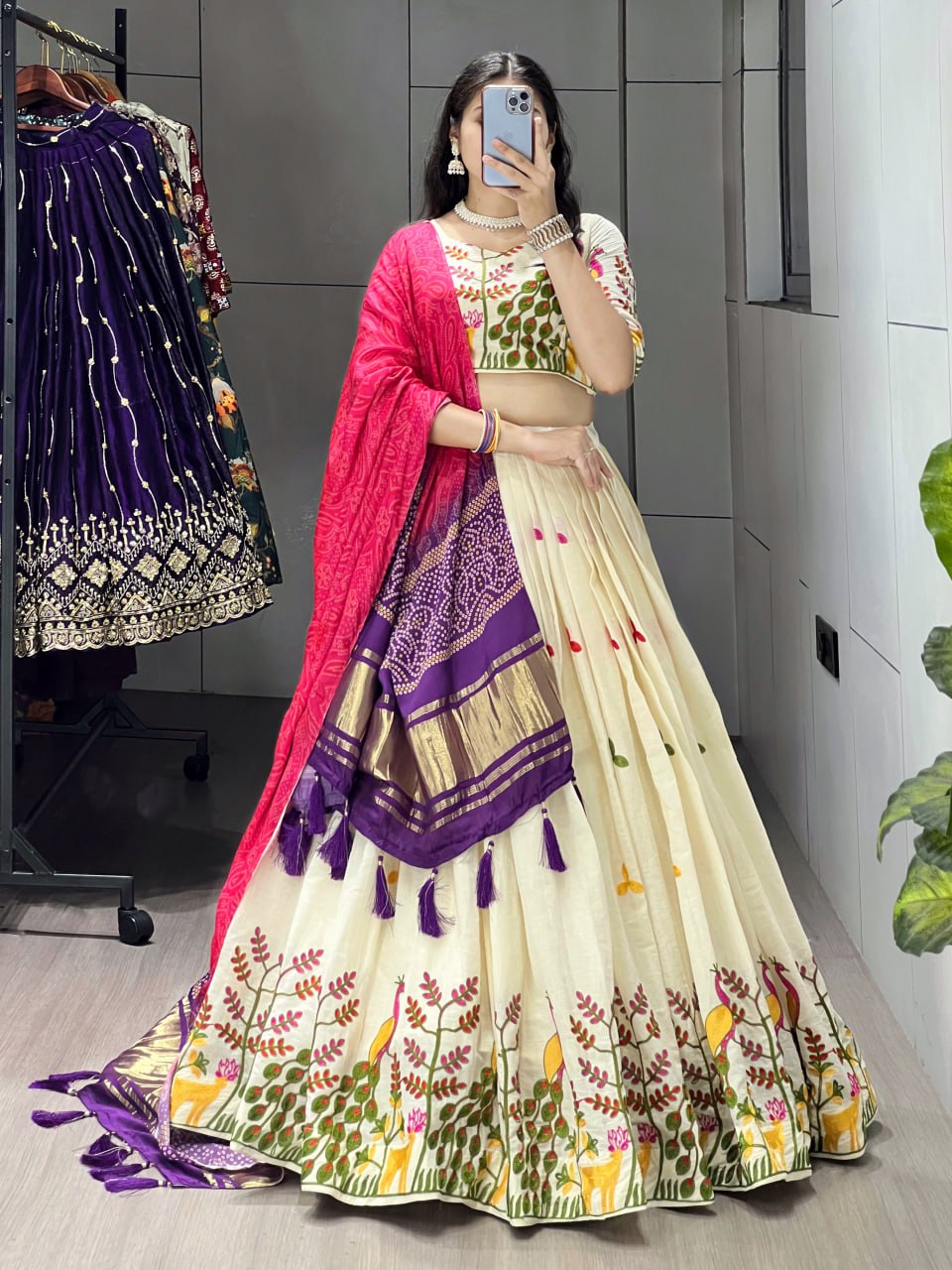 Off-White Cotton Embroidered Lehenga with Purple Color Gaji Silk Dupatta