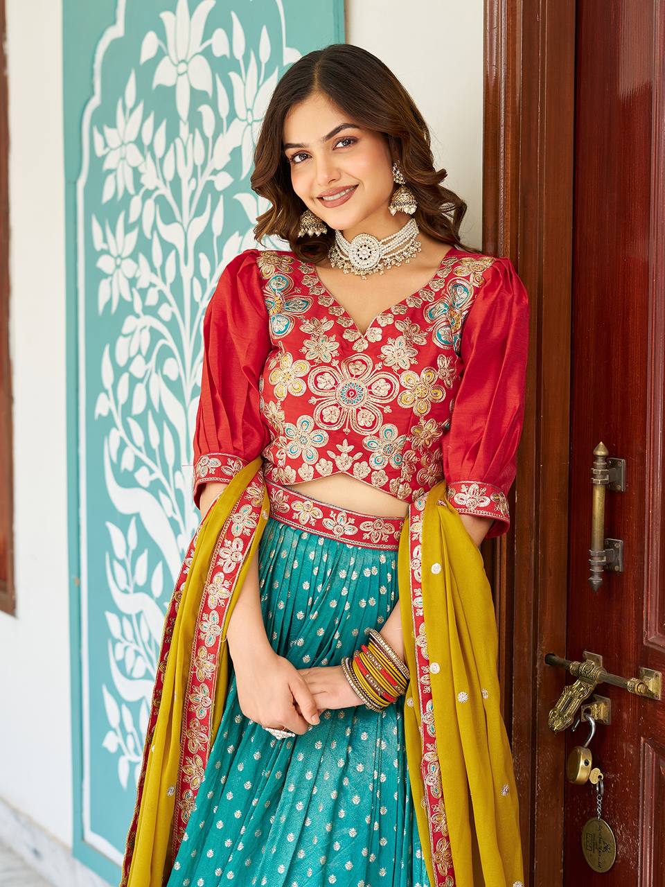 Multicolour silk lehenga choli set with heavy embroidery, sequin, and cording work; includes stitched shimmer lehenga, fully stitched mono silk choli, and embroidered georgette dupatta – perfect for weddings and festive occasions