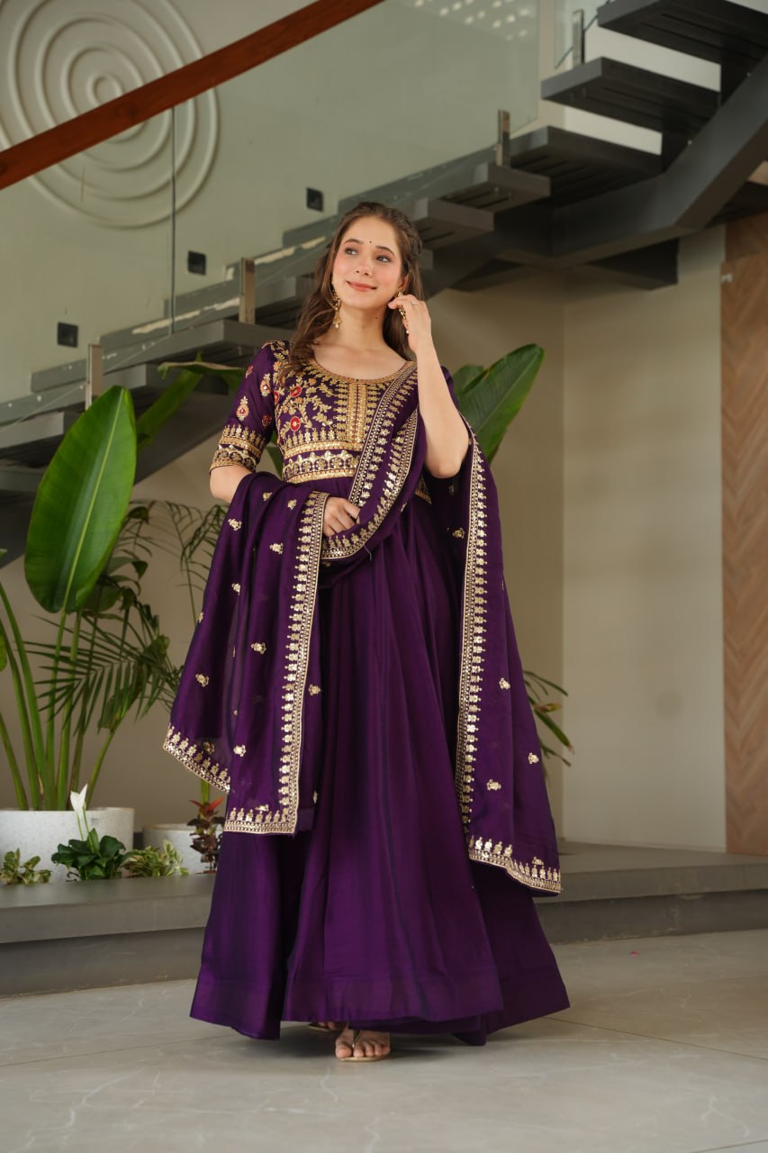 Aadishri Purple Silk Sequins Embroidered Gown