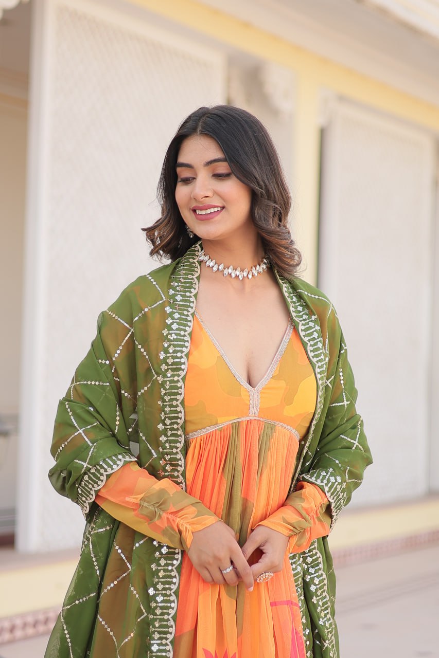 Savitri russian silk printed alia cut orange anarkali suit set