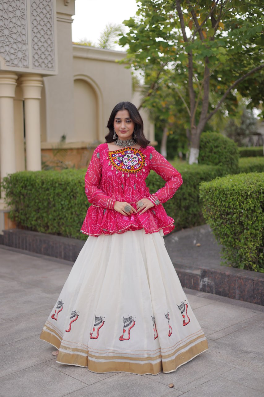 Harshita Pink Kora Cotton Gota-Lace Bandhani Lehenga