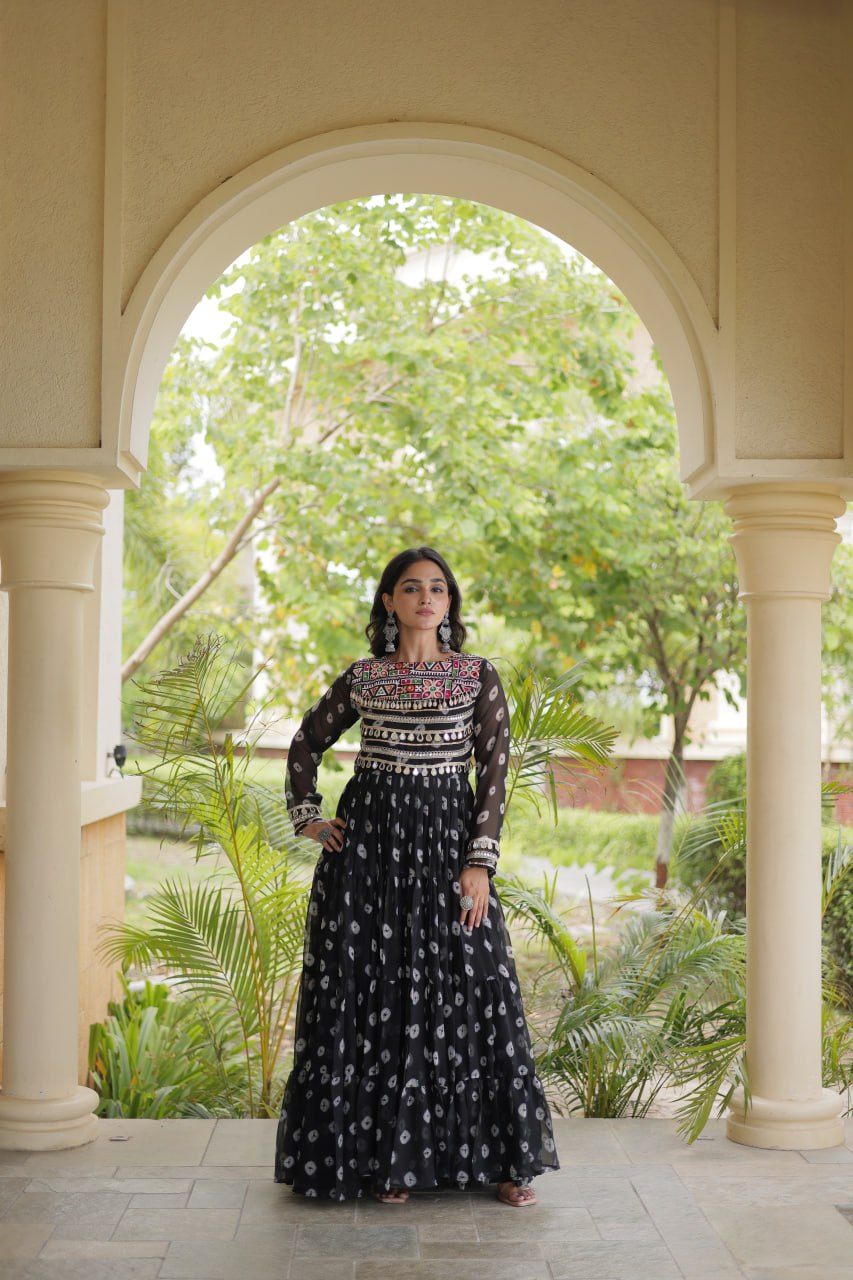 Lavanya Black Faux Georgette Bandhani Kutchi Patchwork Gown