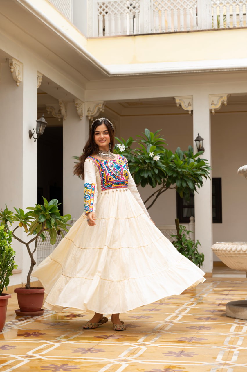 Off-White Kora Cotton Kutchi Gamthi Mirror Work and Kodi Lace Gown