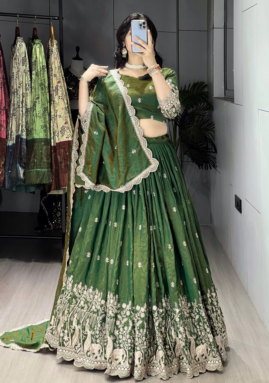 Dipa Olive Green Vichitra Silk Embroidered Lehenga Choli with Dupatta