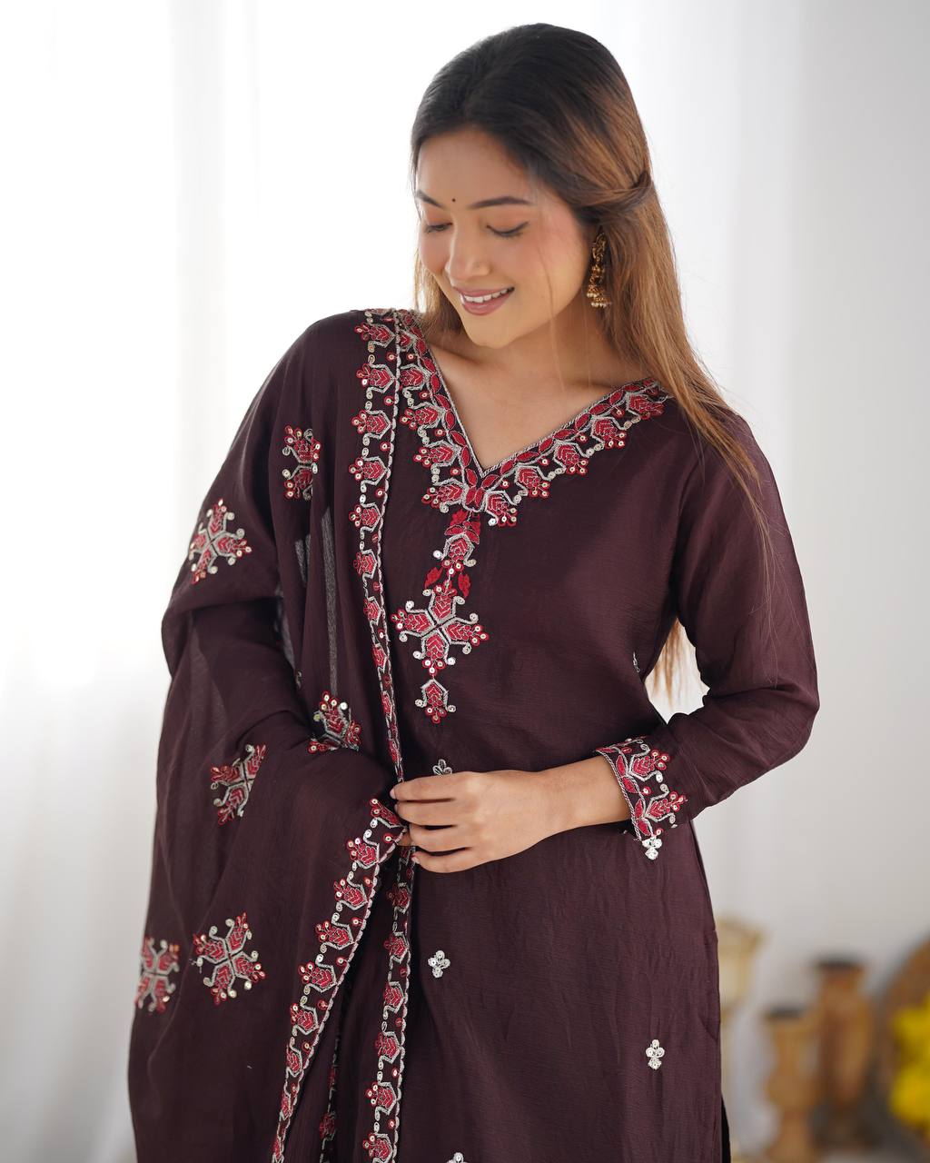 Anvitha Brown Chinon Silk Kurti Set with 5mm sequin embroidery, lace detailing & dupatta – festive ethnic wear for women.