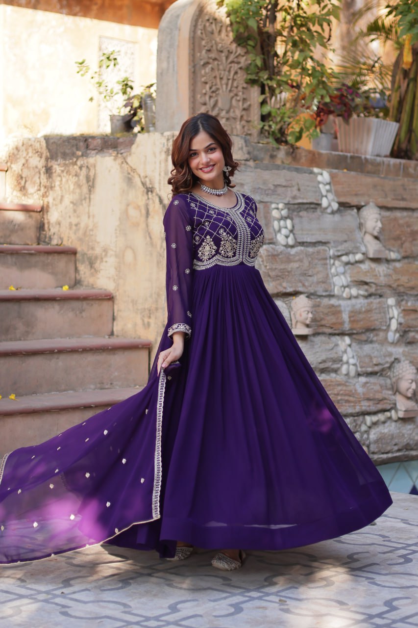 Chamvika Purple Designer Gown with Dupatta – party wear gown for women, long gown for wedding, Indian ethnic gown online, sequin embroidered gown, purple gown for reception, full sleeve gown dress, Indo western gown for girls, traditional Indian wear, stylish gown for engagement, readymade gown for festival, bridal gown with dupatta.