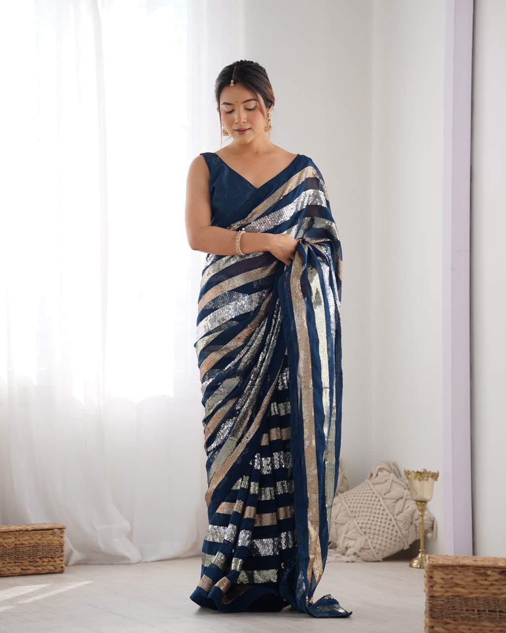 Kira Navy Blue Sequin Embroidery Georgette Saree