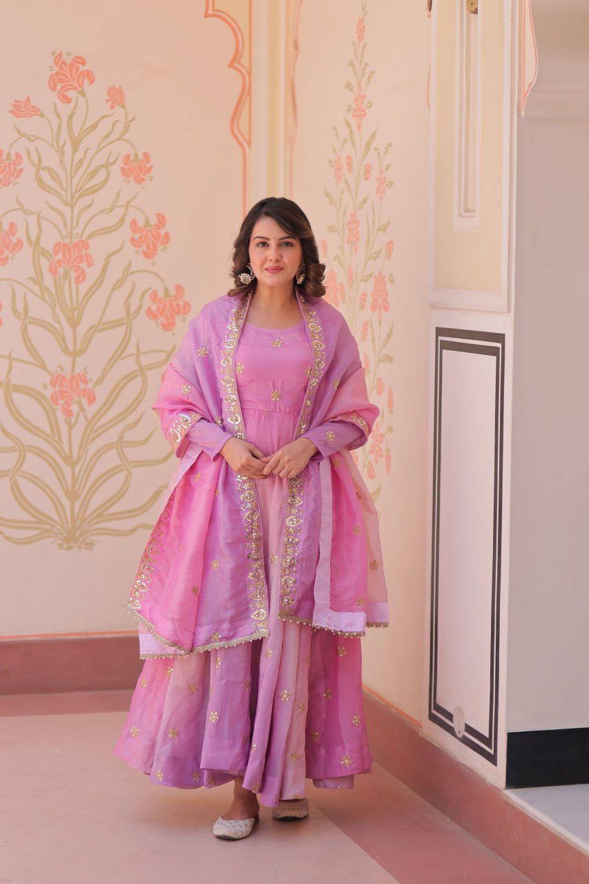 Pink Organza Flair Sequins Zari Embroidery Gown with Dupatta