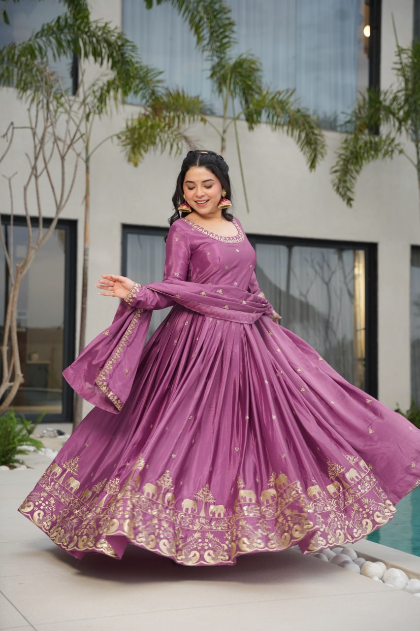 Harvisha Mauve Purple Chinon Silk Embroidered Gown Trinari Harvisha Mauve Purple Chinon Silk Embroidered Gown Trinari