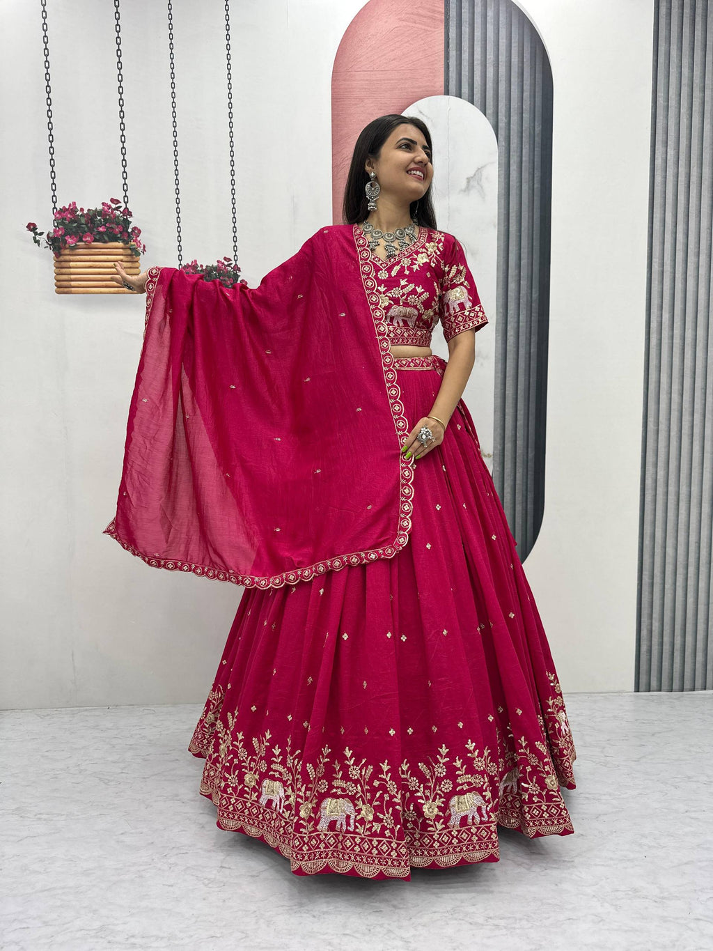 Gopi Pink Color Vichitra Silk Embroidery Sequins Thread Work Lehenga Choli