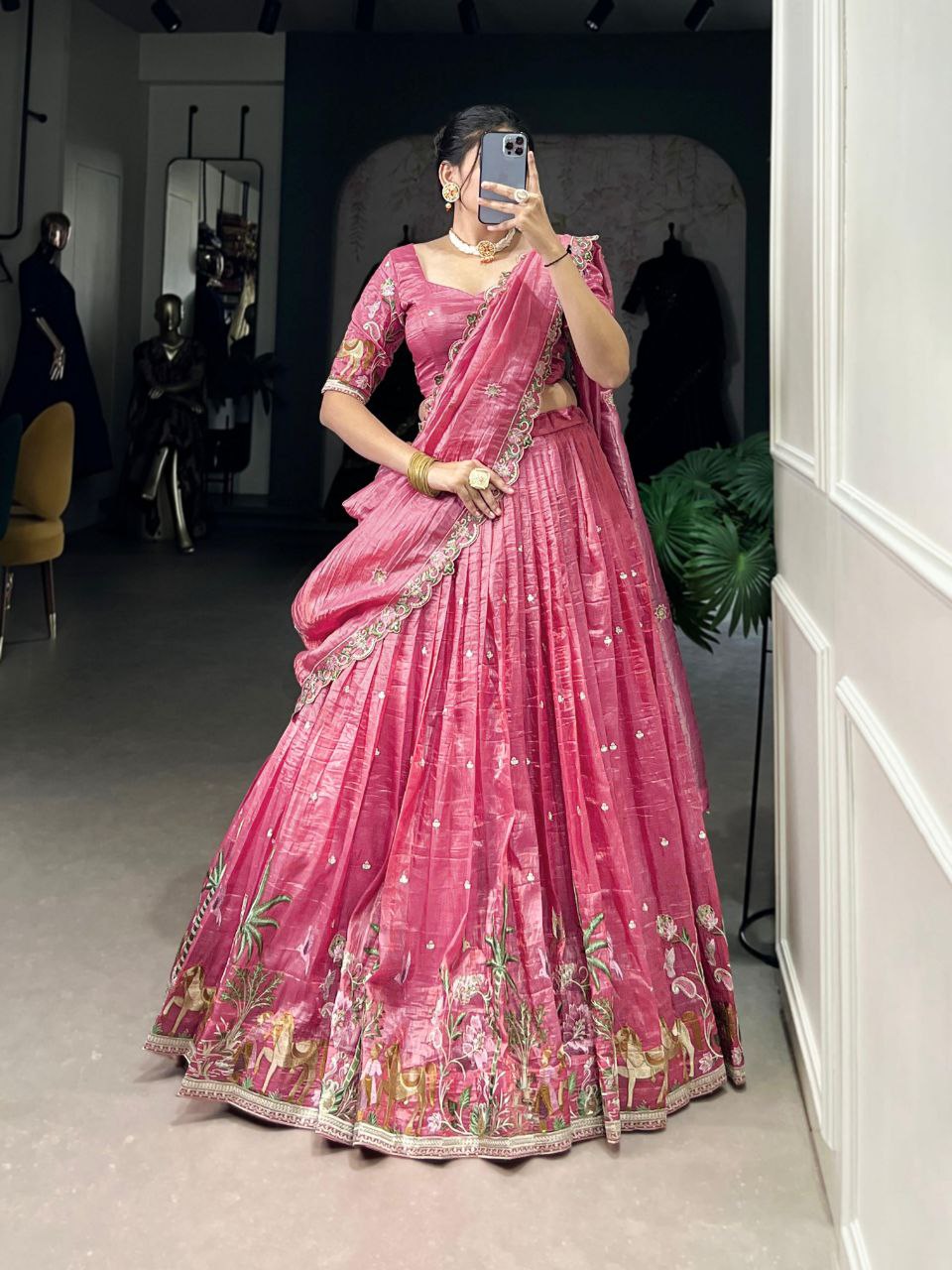 Pink gold crush sequins thread embroidery work lehenga choli