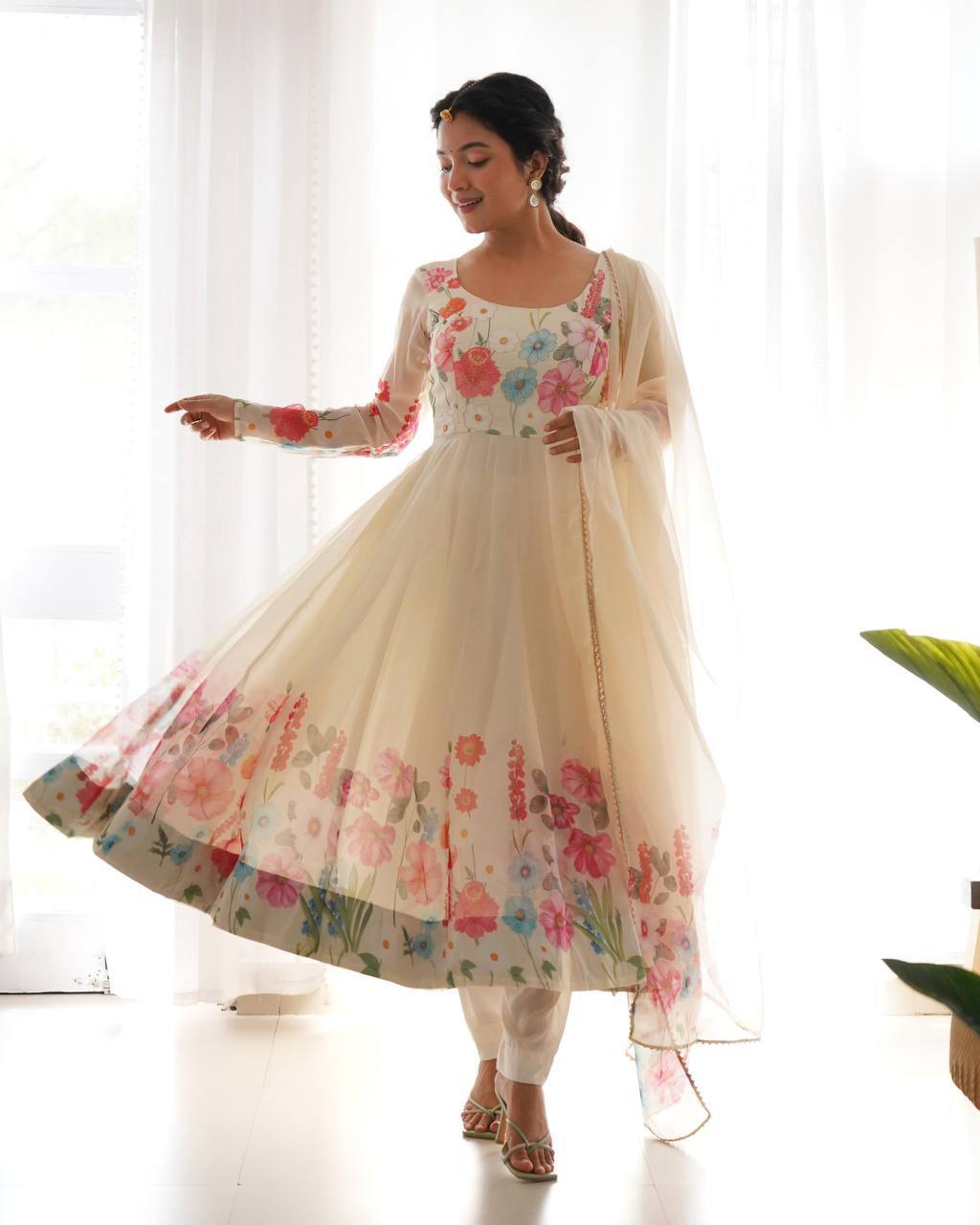 Darshika White Organza Floral Printed Anarkali Suit Set