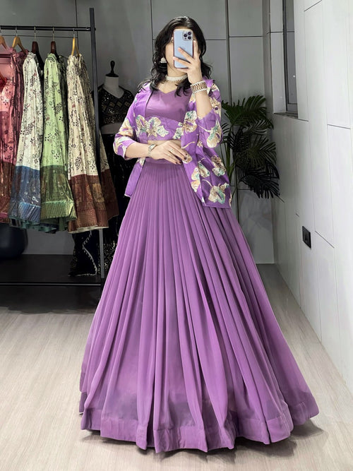 Alka Lavender Color Georgette Foil Printed Lehenga Choli with Koti
