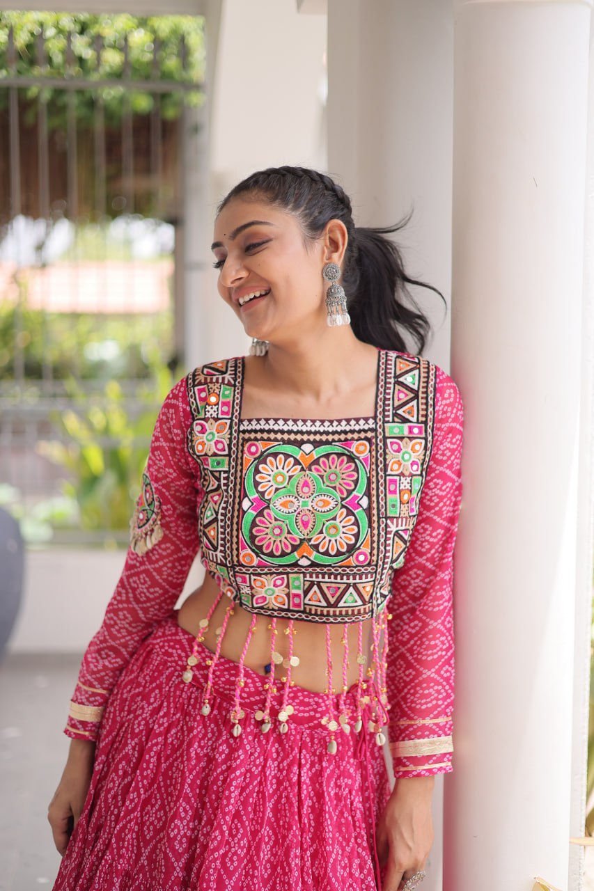 Anjali Pink Faux Georgette Bandhani Kutchi Patchework Lehenga