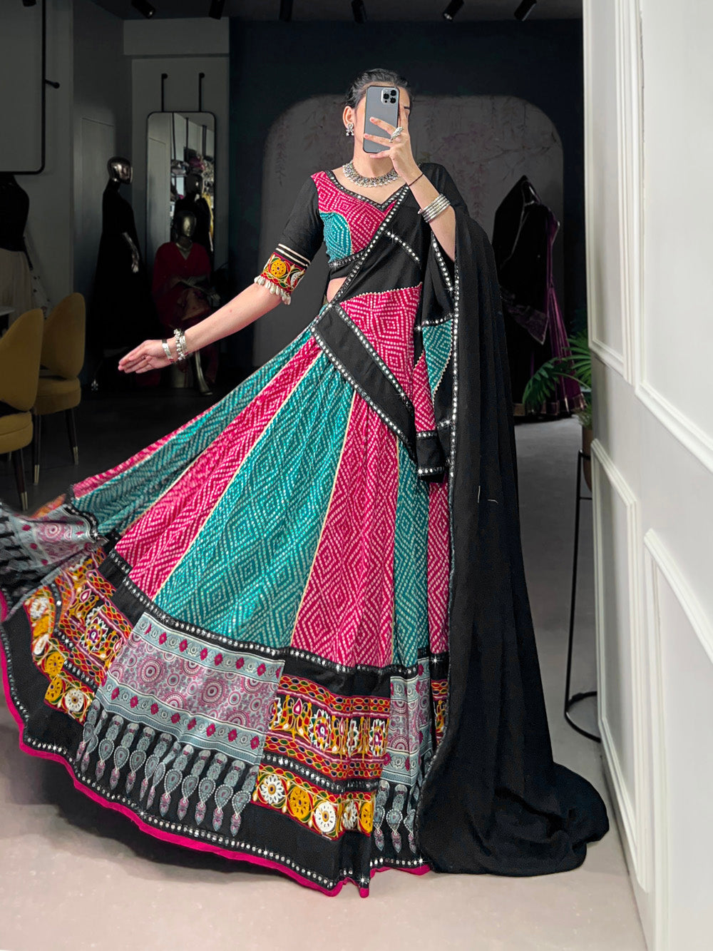 Black-Pink Pure Rayon Bandhej Ajrakh Gamthi Mirror Work Lehenga Choli