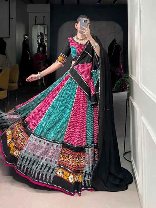 Black pink pure rayon Bandhej Ajrakh Gamthi mirror work lehenga choli