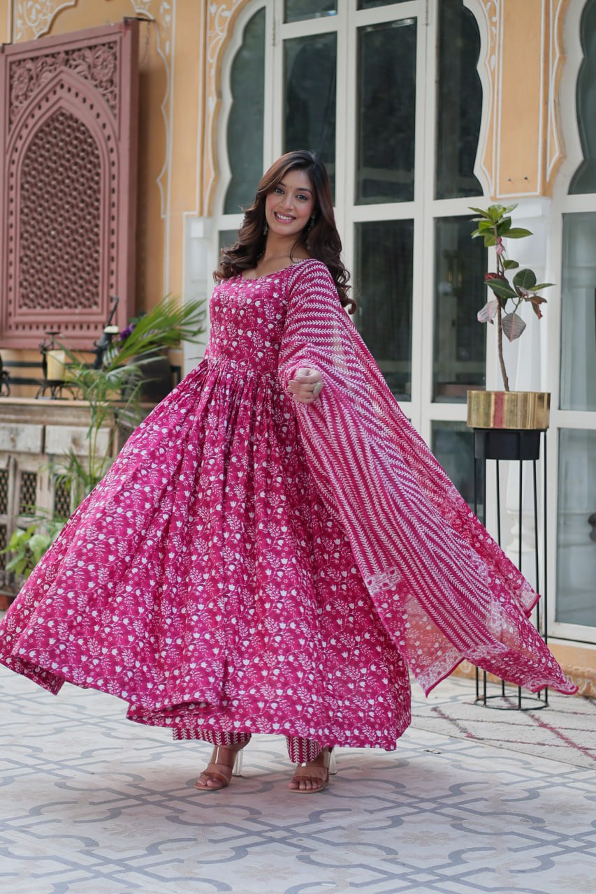 Mahi Pink Pure Cotton Anarkali Set with Dupatta